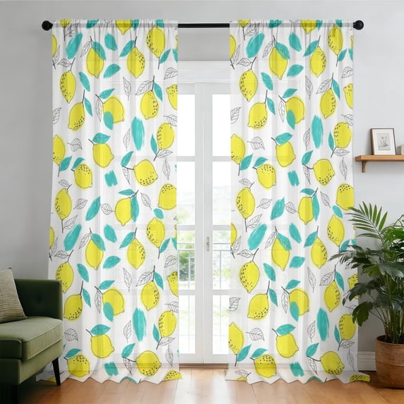 Simpl Patten Lemon and Brush White Pattern Sheer Curtains, Rod Pocket Sheer Drapes ...