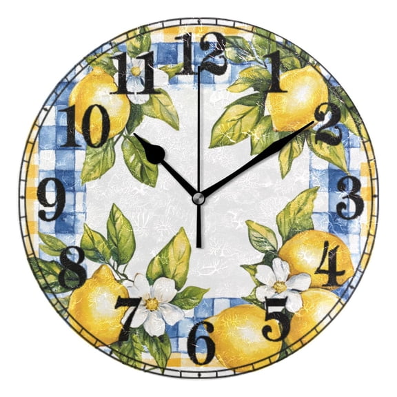 Lemon and Checkered Grid Pattern Silent Wall Clock 10" Non-Ticking Battery Clock