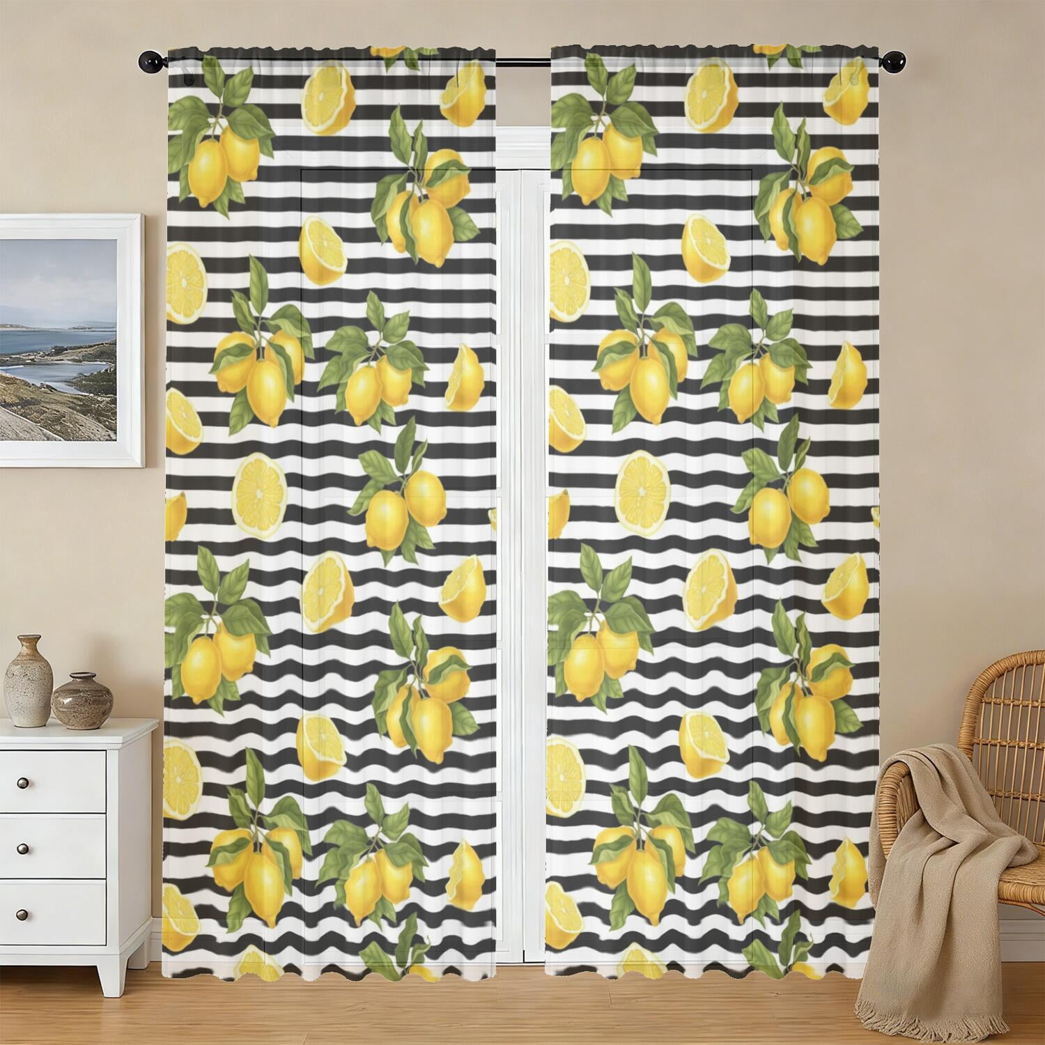 Lemon and Cluster Black Pattern Sheer Curtains, Sheer Window Panels ...