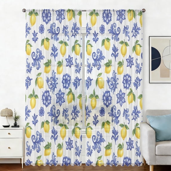 Witite Pattern Lemon and Floral White Pattern Sheer Curtains, Sheer Curtain Panels ...