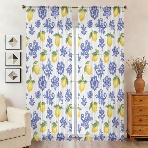 Witite Pattern Lemon and Floral White Pattern Sheer Curtains, Voile Drapes with Dual ...