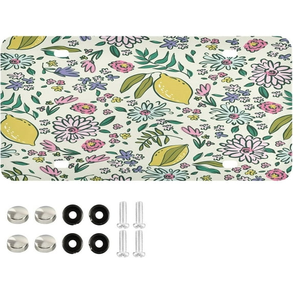 Lemon and Flower Pattern License Plates Front License Plate Covers Metal Car Tag for Automotive Cars Bikes Decorative Plaque 1PC 6 x 12 Inch