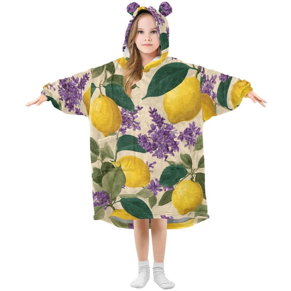 Lemon and Lavender Flannel Wearable Blankets Hooded Design Long Sleeves Wrap Unisex for 3T-14Y S