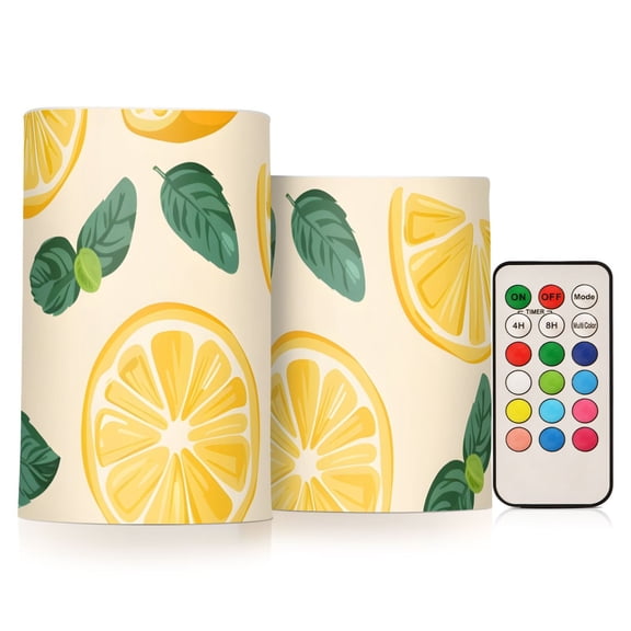 Lemon and Mint Leaves Flameless CandlesLED Lights Battery Operated Candles with Remote and Timers Flicker Lights Votive Set of 2