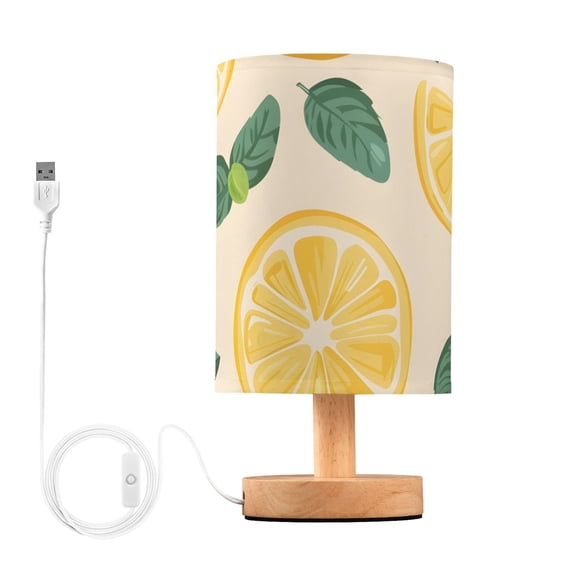 Lemon and Mint Leaves Table Lamp USB Bedside Desk Nightstand Lamp Printed Gifts Small Lamp Wood Base for Bedroom Living Room Kids Room College Dorm