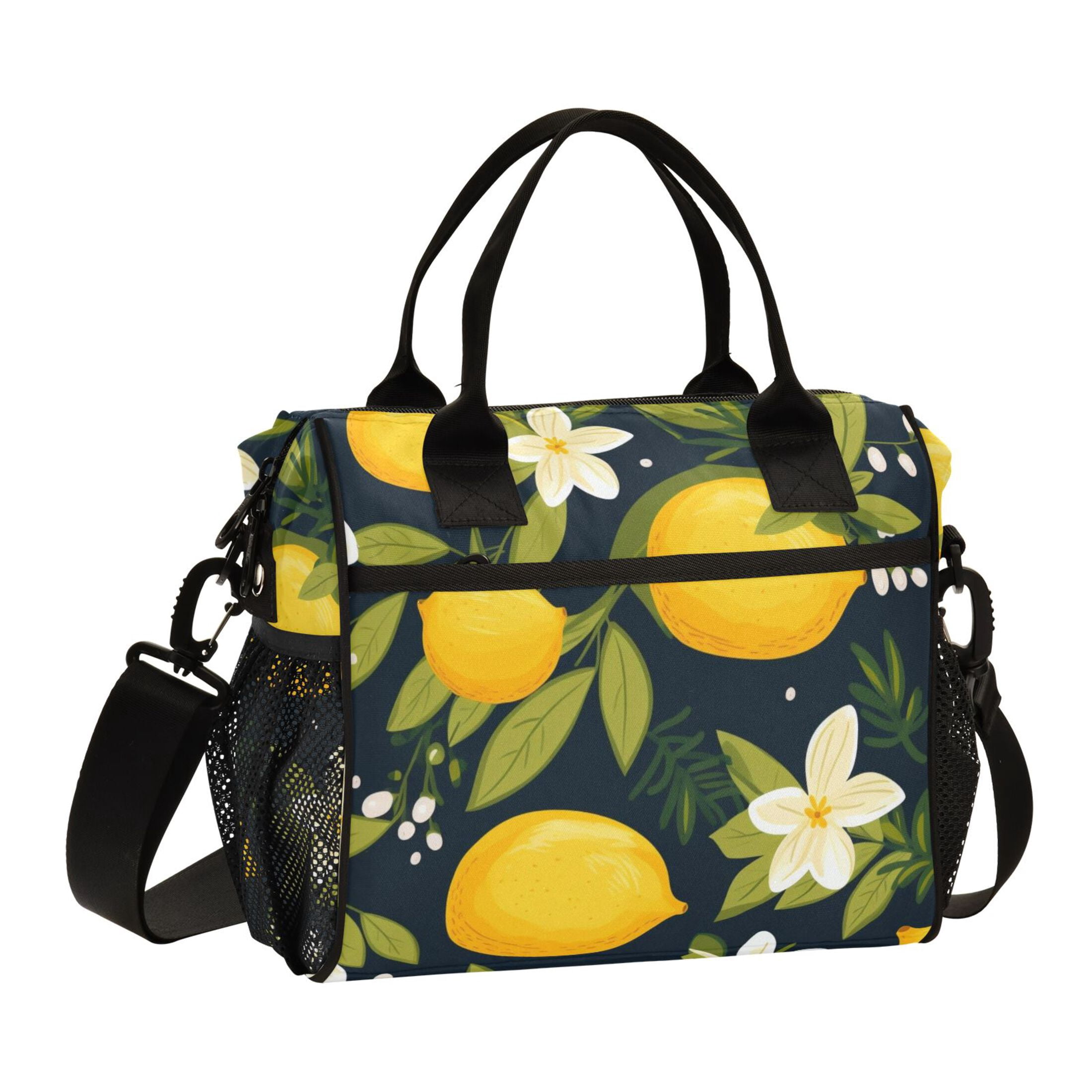 Lemon and Plumeria Flower Lunch Bag Insulated Lunch Box Leakproof Reusable Cooler Tote Adjustable Shoulder Strap for Men Women 12L