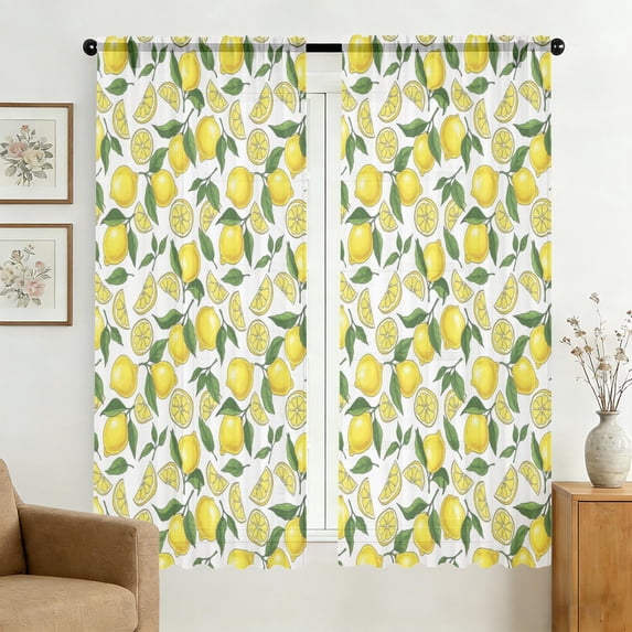 Simpl Patten Lemon and Slice White Pattern Sheer Curtains, Voile Drapes with Dual ...
