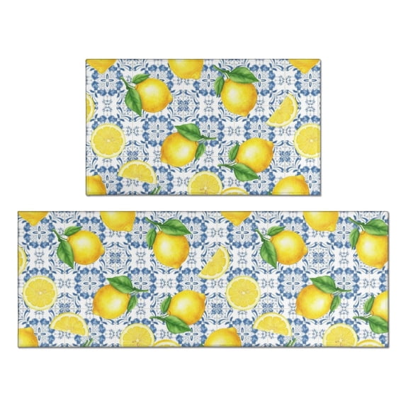 Lemon and Tile Blue Pattern Anti Fatigue Kitchen Rugs Set Of 2, Non Slip Washable Decorative Floor Mats for Kitchen Sink Laundry, 17"x30" and 17"x47"