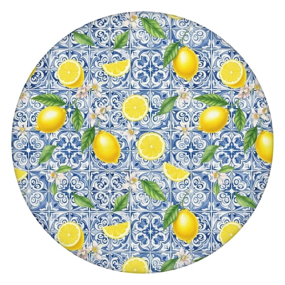 Lemon and Tile Blue Pattern Round Fitted Tablecloth with Elastic Edge, Waterproof Dining Table Cover for Indoor Outdoor Camping and Daily Use