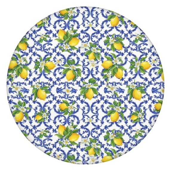 Lemon and Tile Blue Pattern Round Fitted Tablecloth with Elastic Edge, Waterproof Dining Table Cover for Indoor Outdoor Camping and Daily Use
