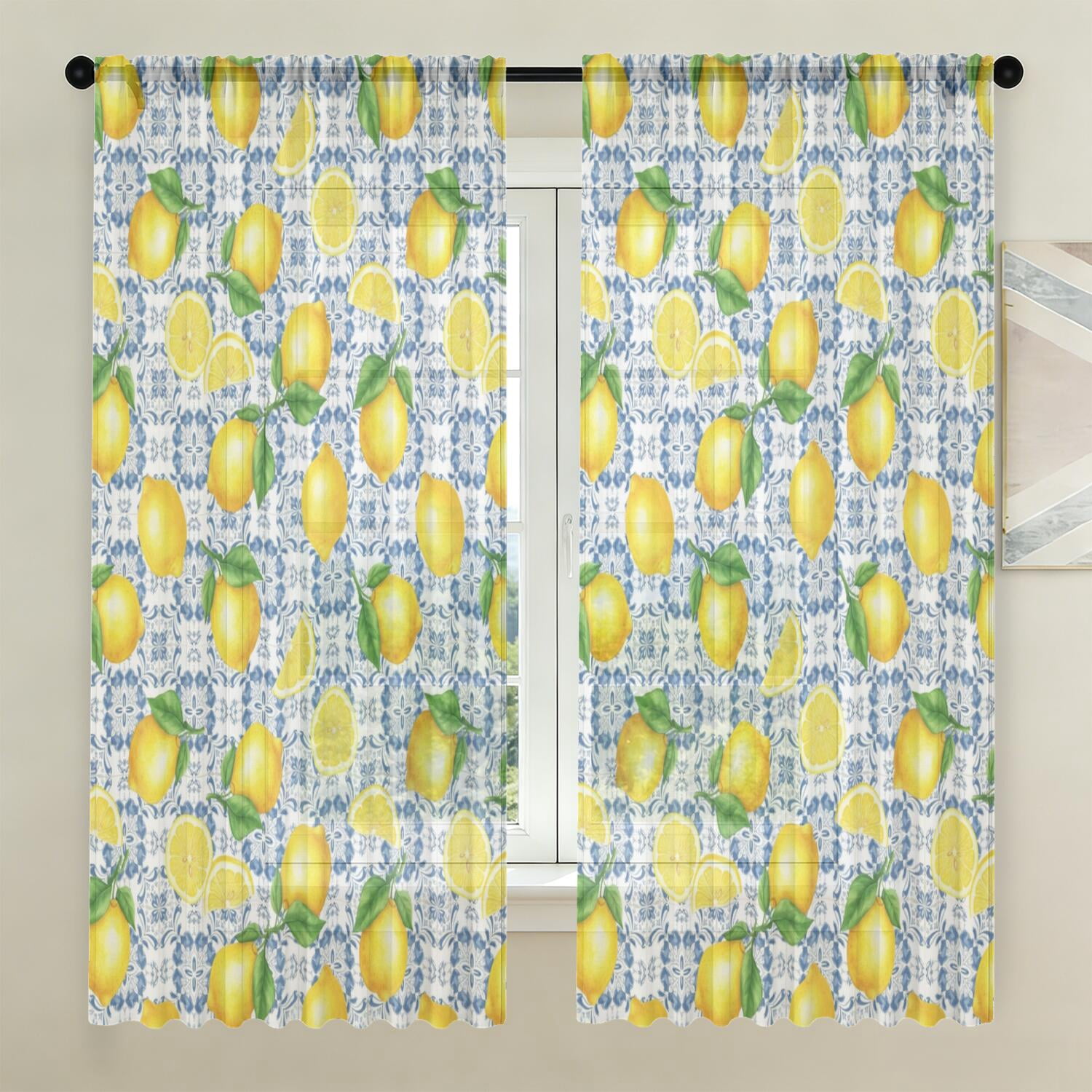 Lemon and Tile Blue Pattern Sheer Curtains, Sheer Window Panels with ...