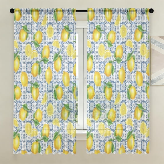 Simpl Patten Lemon and Tile Blue Pattern Sheer Curtains, Sheer Window Panels with ...