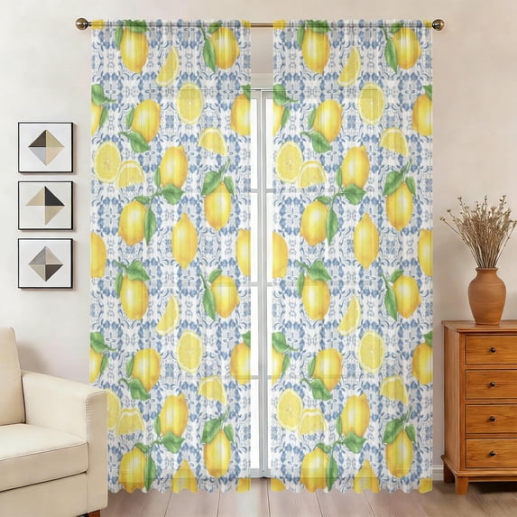 Lemon and Tile Blue Pattern Sheer Curtains, Sheer Window Panels with ...