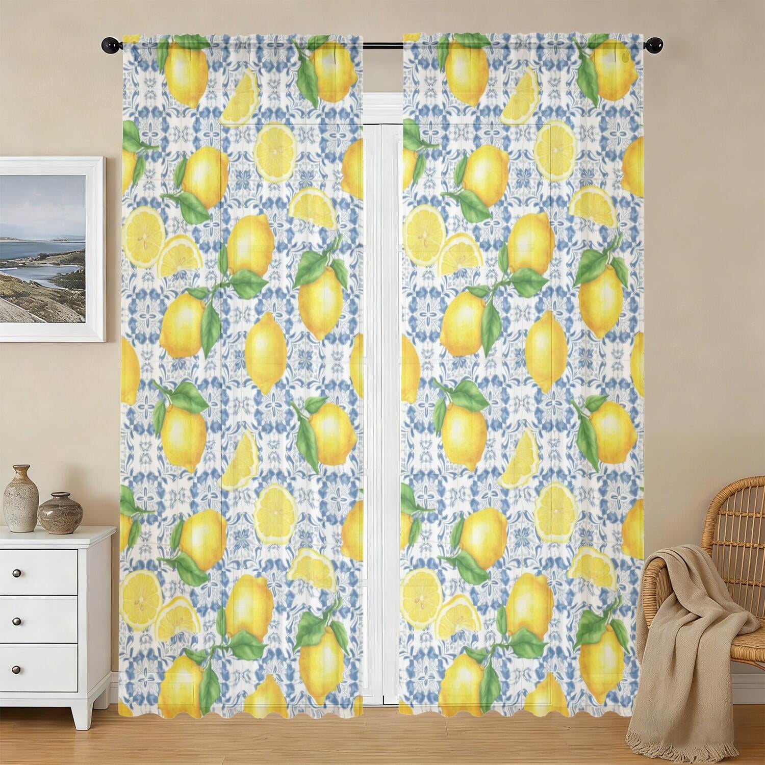 Lemon and Tile Blue Pattern Sheer Curtains, Voile Drapes with Dual Rod ...