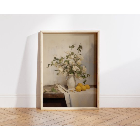 Lemon and White Flower Still Life Vintage Farmhouse Decor, Unframed Paper Poster 8x10in