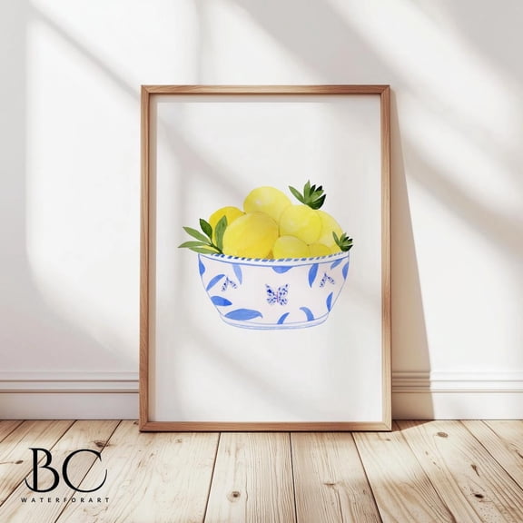 Lemon in Blue Bowl Kitchen Wall Decor Cooking Theme, Unframed Paper Poster 8x10in