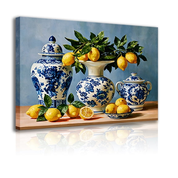 Lemon still life poster, vintage citrus fruit canvas, blue and white floral pattern porcelain ginger jar and vase print, farmhouse style, French country coastal kitchen, restaurant decorative frame.