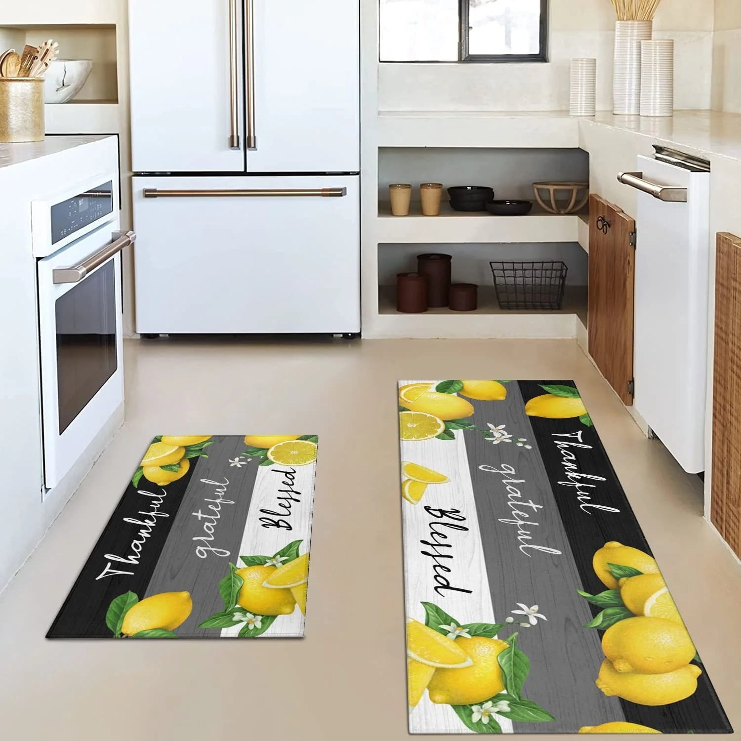 Lemon-themed farmhouse kitchen rug set with non-slip backing, washable ...