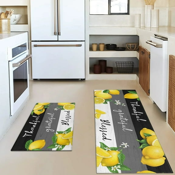Lemon-themed farmhouse kitchen rug set with non-slip backing, washable and perfect for spring/summer decor in kitchens or laundry rooms