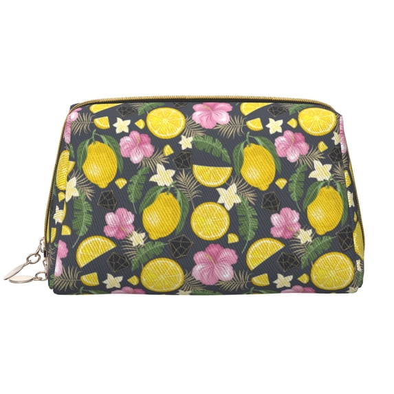 Lemon tropical leaves Makeup Bag, Large Capacity Travel Cosmetic Bag for Women Girls- Travel Toiletry Bag Leather Portable Waterproof Makeup Case Organizer with Handle