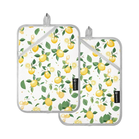 Lemon with Leaves Flowers Pot Holders Set of 2 Heat Resistant Kitchen Oven Gloves Potholder Cooking Baking Microwave Mitts