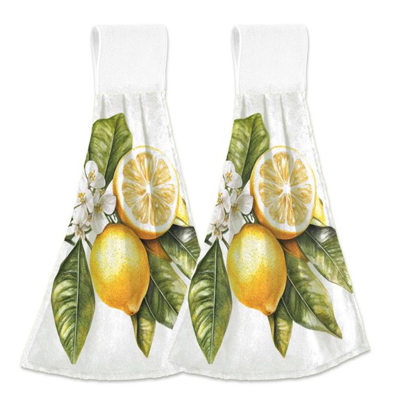 Lemon with Leaves and Flowers Hanging Kitchen Hand Towels Sets with Loop Hand Towels Kitchen Tie Towel 2pcs
