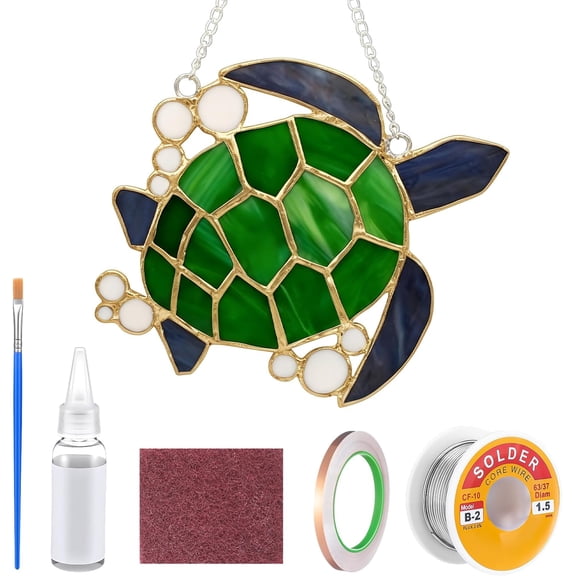 LemonRoad 1 Set Unfinished Sea Turtle Pre Cut Stained Glass DIY Stained Glass Craft Kit with Solder Wire, Gel Flux, Flux Brush for Adult Make Your Own Beautiful Art Handcrafts for Home Decor