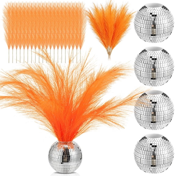 LemonRoad 24 Disco Ball Decor Pcs Showgirl Party Decorations 4 Silver Disco Ball Vase 20 Orange Artificial Pampas for Girls Night Wedding Birthday Feathers Y102