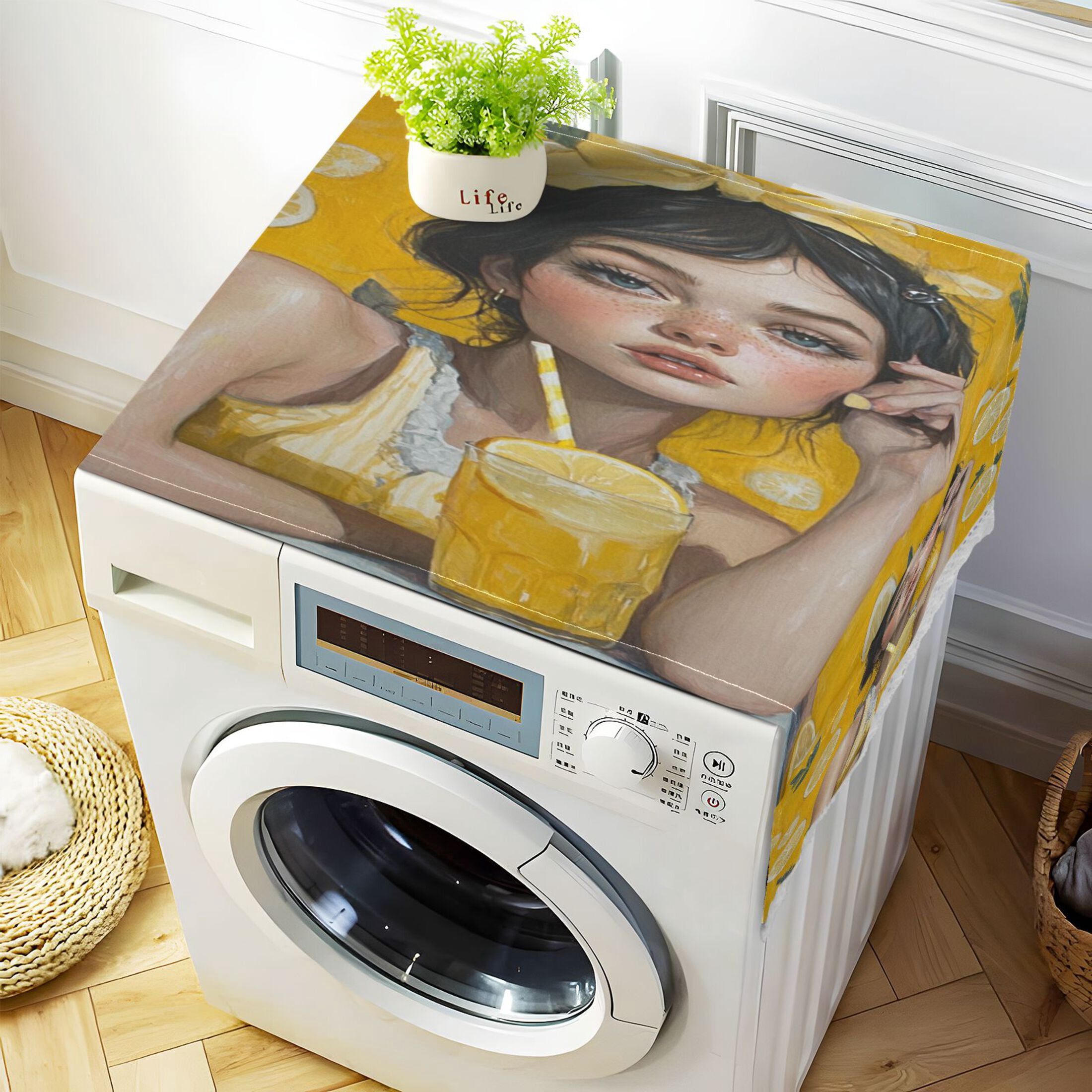Lemonade GirlWasher and Dryer Covers Dust-Proof and Oil Resistant Fridge Cover with 4 Storage Pockets Washing Machine Top Cover for Laundry Kitchen Home 51.2 x 22 In