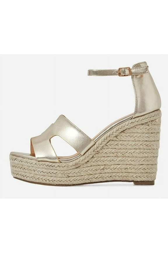 Kayson Gold Unique H Vamp Platform Wedge Espadrille Ankle Strap Sandals