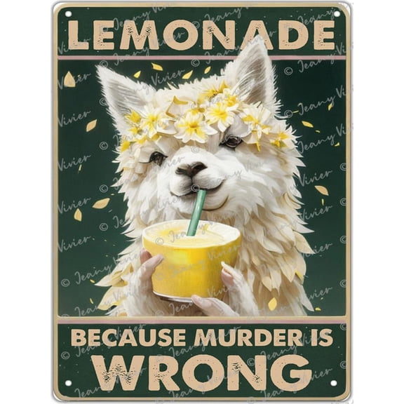 Lemonade Because Murder is Wrong Metal Tin Sign, Funny Alpaca Art, Vintage Retro Poster Paintings Cute Alpaca & Juice Home Bedroom Livingroom Bathroom Wall Decoration 12x16 Inch