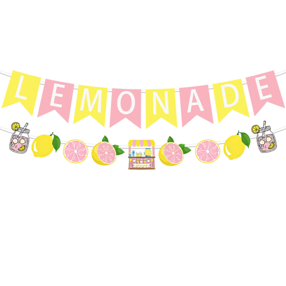 Lemonade Party Banner Set, Pink and Yellow, Summer Theme, Lemon Fruit Garland Decoration