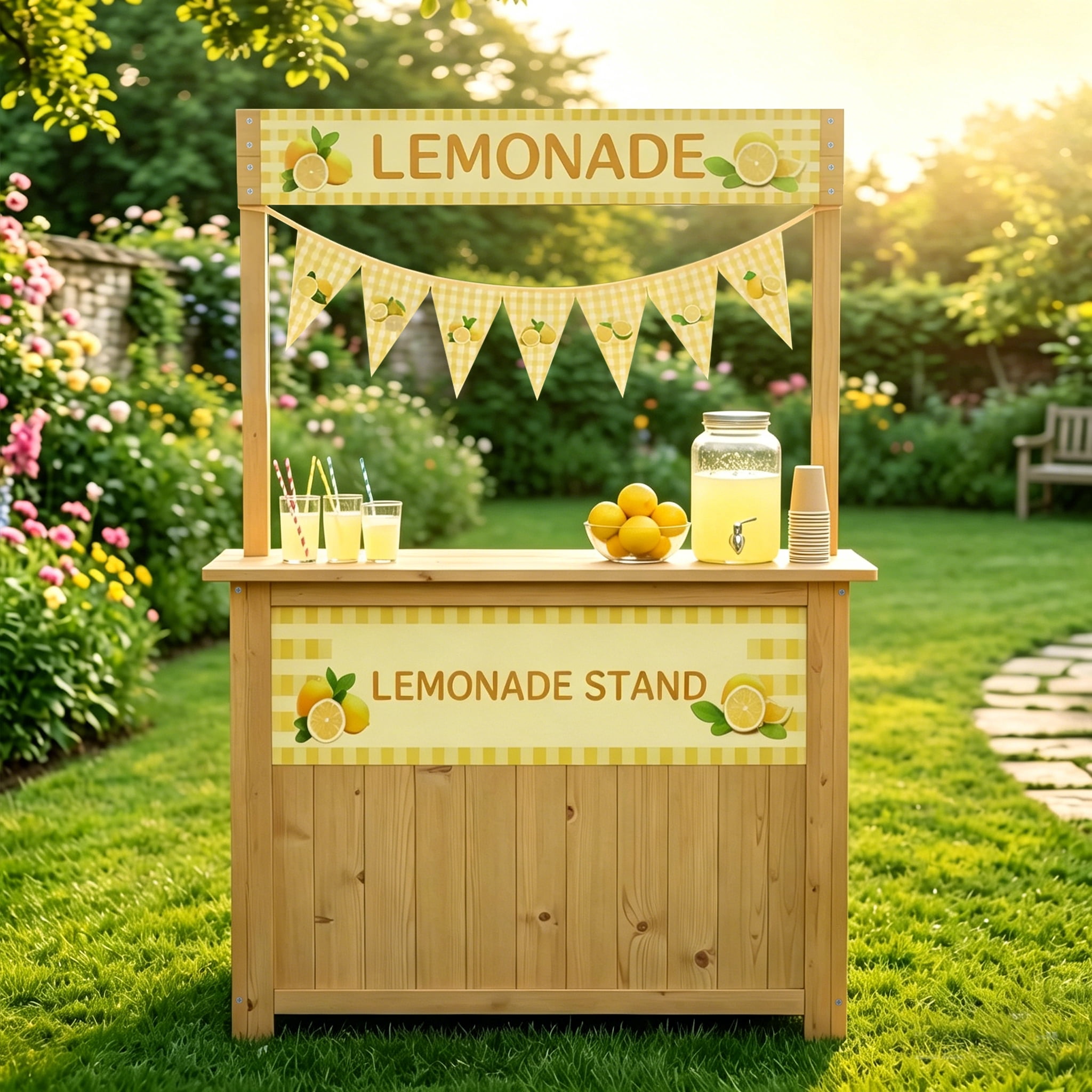 Lemonade Stand for Kids,  Lemonade bar with Fabric Banner & Skirt, 27.5” Counter Height Kids Outdoor Stand for Backyard, Parties & Pretend Play (Ages 5–10)