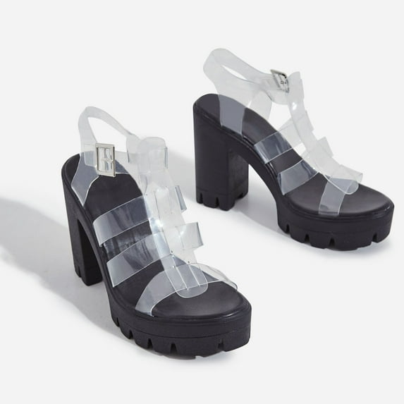Lemonade Toffee Black Platform Clear Straps Ankle Buckle Block Heel Sandals (11, Black)