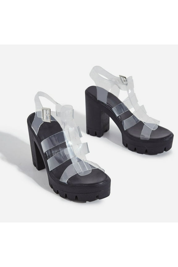 Toffee Black Platform Clear Straps Ankle Buckle Block Heel Sandals (8.5, Black)