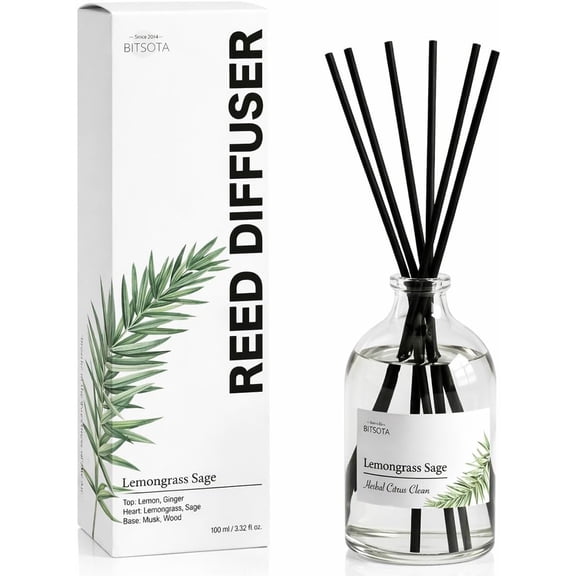 Lemongrass Sage Reed Diffuser Set for Bathroom & Home, Long Lasting Essential Oil Aroma, Glass Bottle Home Fragrance with Sticks, Ideal Gift for Woman, 3.52oz (100ml)