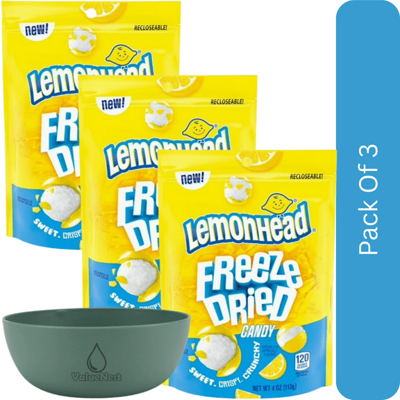 Lemonhead Freeze Dried Candy, Lemon Flavored, Resealable Bag, 4 oz-3pk, With Olive Green Bowl By ValueNest
