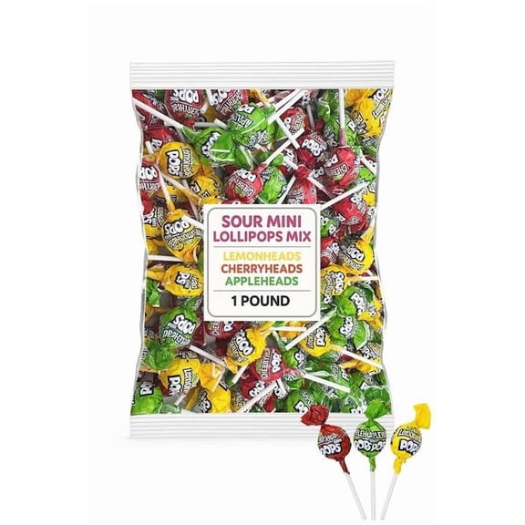 Lemonhead Sour Mini Pops Mix - Fruithead Lollipops -1 LB (37 Pops) Sour Lemon, Sour Cherry & Sour Apple Flavors - Tart Fruity Candy Pops