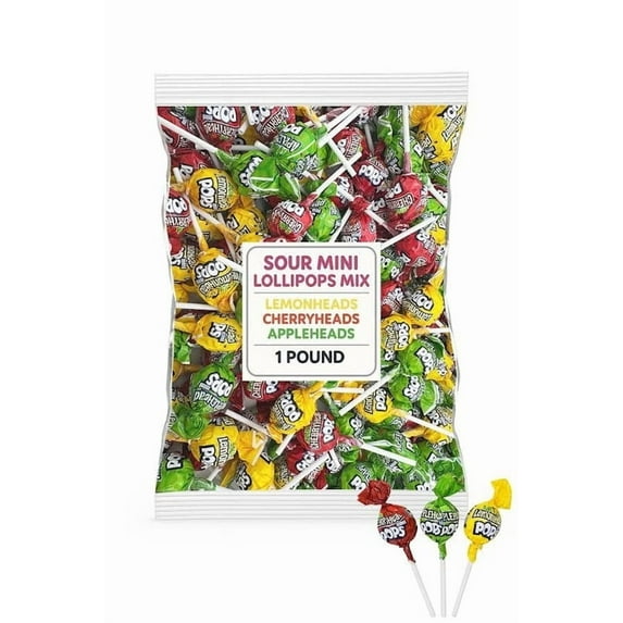 Lemonhead Sour Mini Pops Mix - Fruithead Lollipops -1 LB (37 Pops) Sour Lemon, Sour Cherry & Sour Apple Flavors - Tart Fruity Candy Pops
