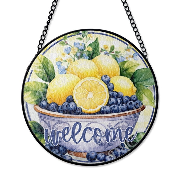 Lemons And Blueberries Welcome Stained Glass Suncatcher, UV Printed Window Decor, Fruit Kitchen Decor Gift, Round