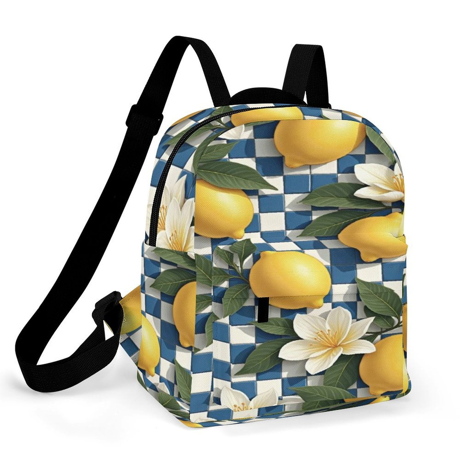 Lemons And Flowers On Blue Checkered Background Small Backpack Cute ...