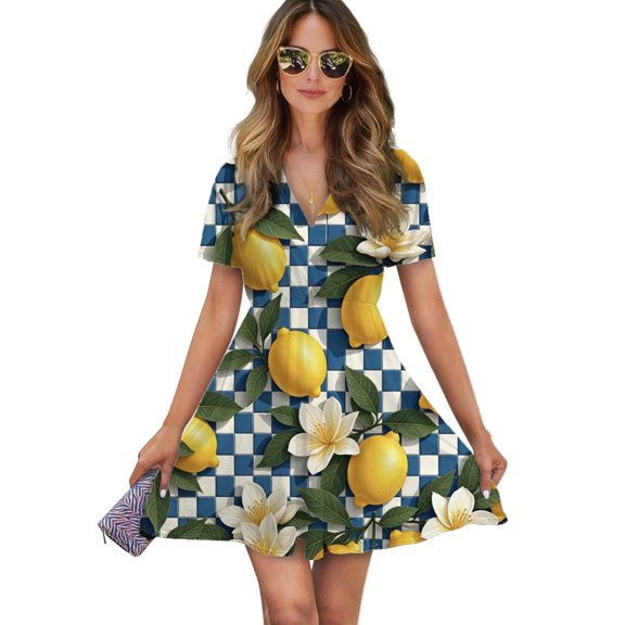 Lemons And Flowers On Blue Checkered Background Women Dress V-Neck Short Sleeve Flowy Swing Party Midi Dress
