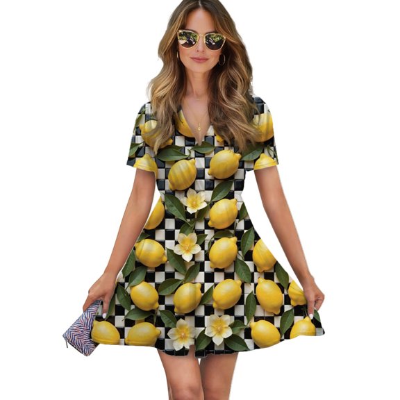 Lemons And Flowers On Checkered Background Women Dress V-Neck Short Sleeve Flowy Swing Party Midi Dress