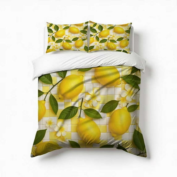 Lemons And Flowers Pattern Bedding Set 3 Pcs Soft Microfiber Quilt Cover For Bedroom Decor, Comforter Cover With 2 Pillowcase