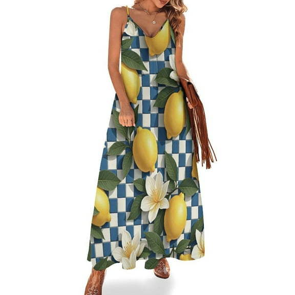 Lemons And Flowers on Blue Checkered Background Sleeveless Suspender Dress Summer Fashion Casual Long Dress