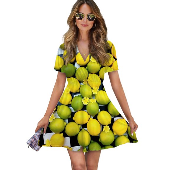 Lemons And Limes Pattern Women Dress V-Neck Short Sleeve Flowy Swing Party Midi Dress
