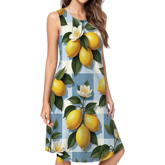 Lemons And Magnolias On Blue Check Casual Sleeveless Loose Sundress Dress For Women Summer Dress Daily Woman