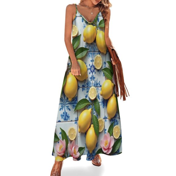 Lemons And Pink Flowers Pattern Sleeveless Dress Women's Evening Dress Womans Clothing