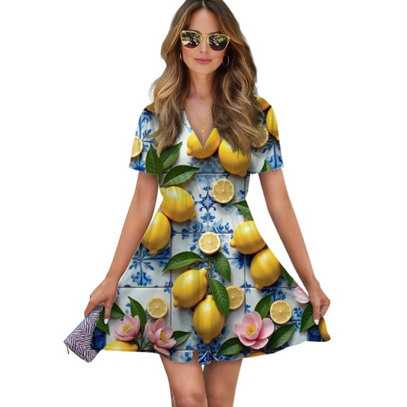 Lemons And Pink Flowers Pattern Women Dress V-Neck Short Sleeve Flowy Swing Party Midi Dress