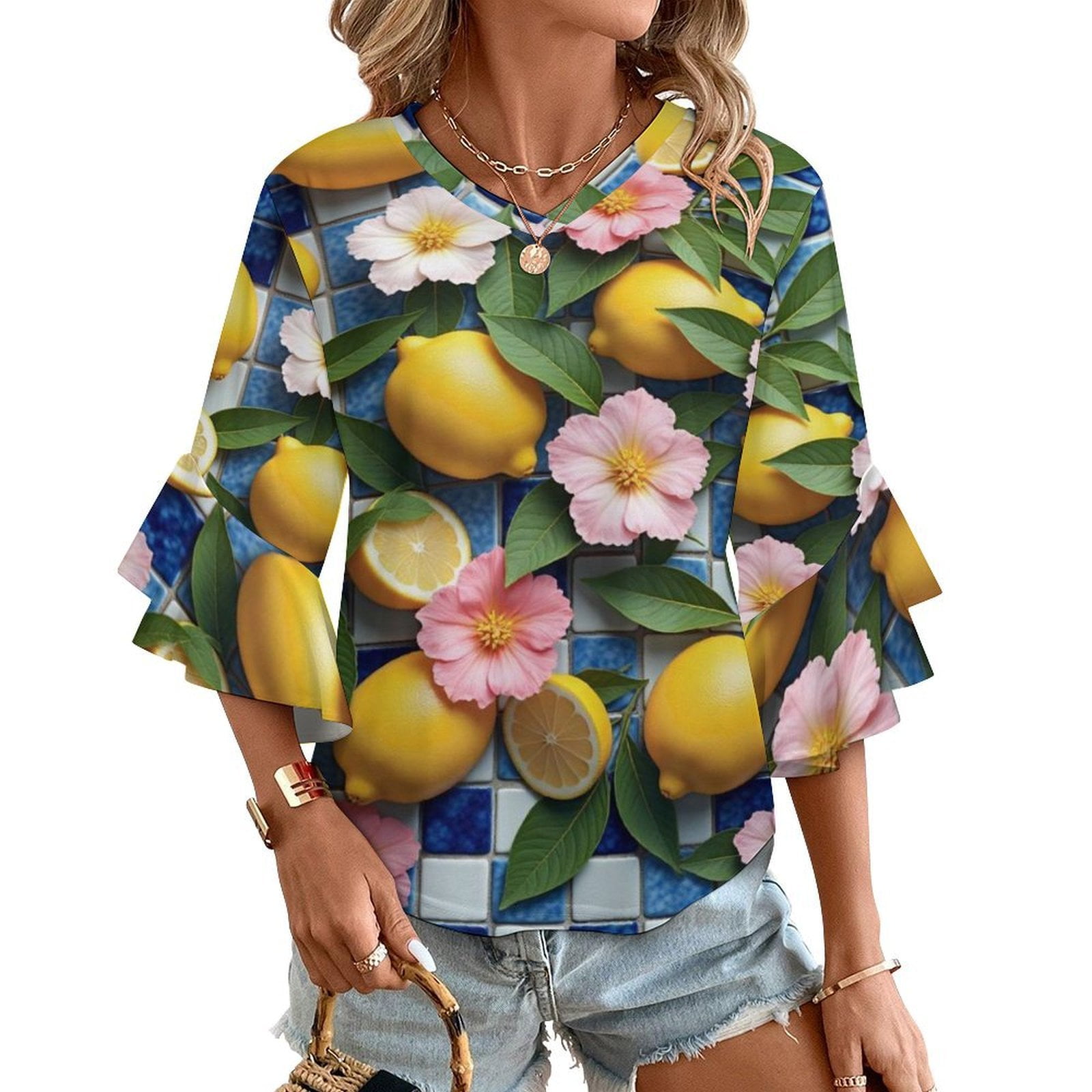 Women’s V-Neck Blouse with Floral Pattern and Half Sleeves
